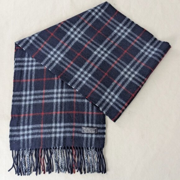 Burberrys Unisex Check Lambswool Scarf Navy– Pre-Loved – Soft Warm Designer Wrap - Picture 1 of 8